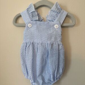Blue & White Seersucker Baby Romper with Ruffle Straps